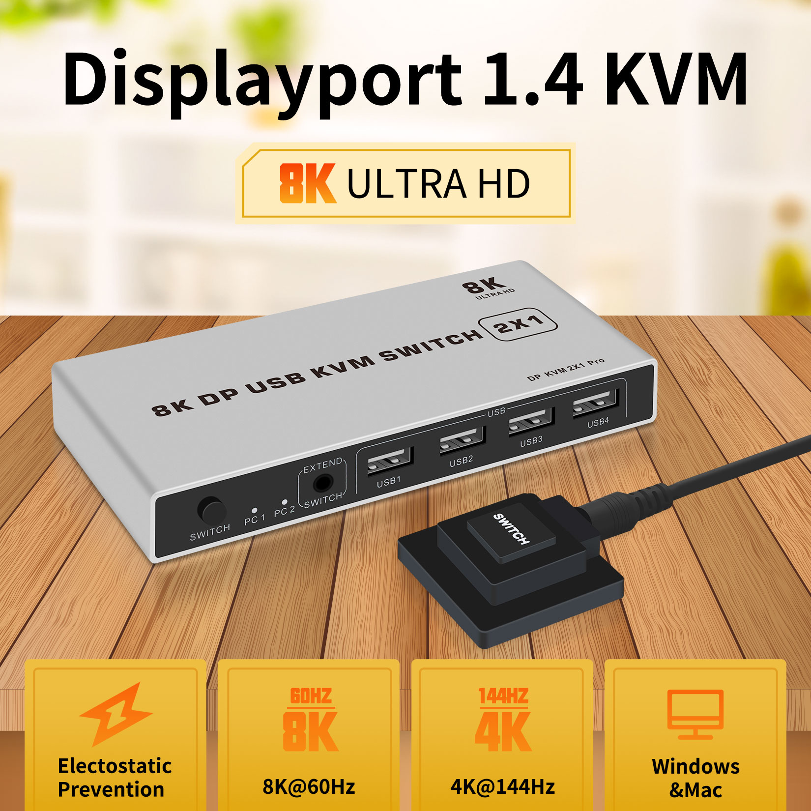 8K ÷Ʈ KVM ġ 4K @ 144hz 2 Ʈ USB KV..